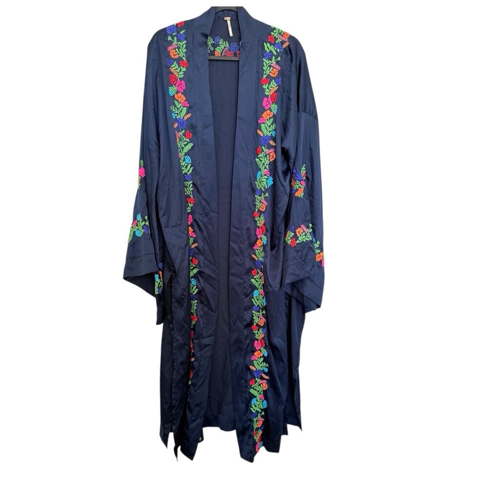 Free People Embroidered Floral Kimono Duster Navy Boho M No Belt